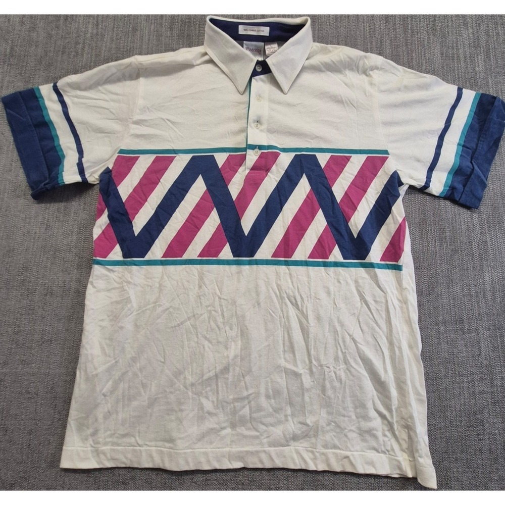 VTG Windridge Polo shirt mens LG white geometric colorblock 90s golf core Cotton